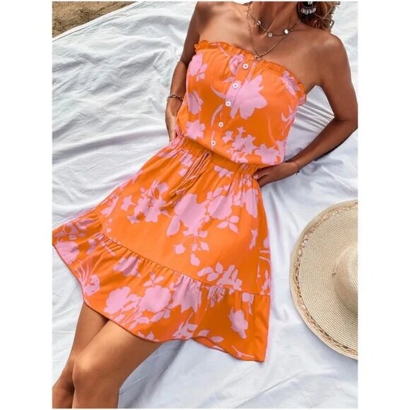 Boho Floral Print Button Detail Ruffle Mini Dress - Picture 1 of 3